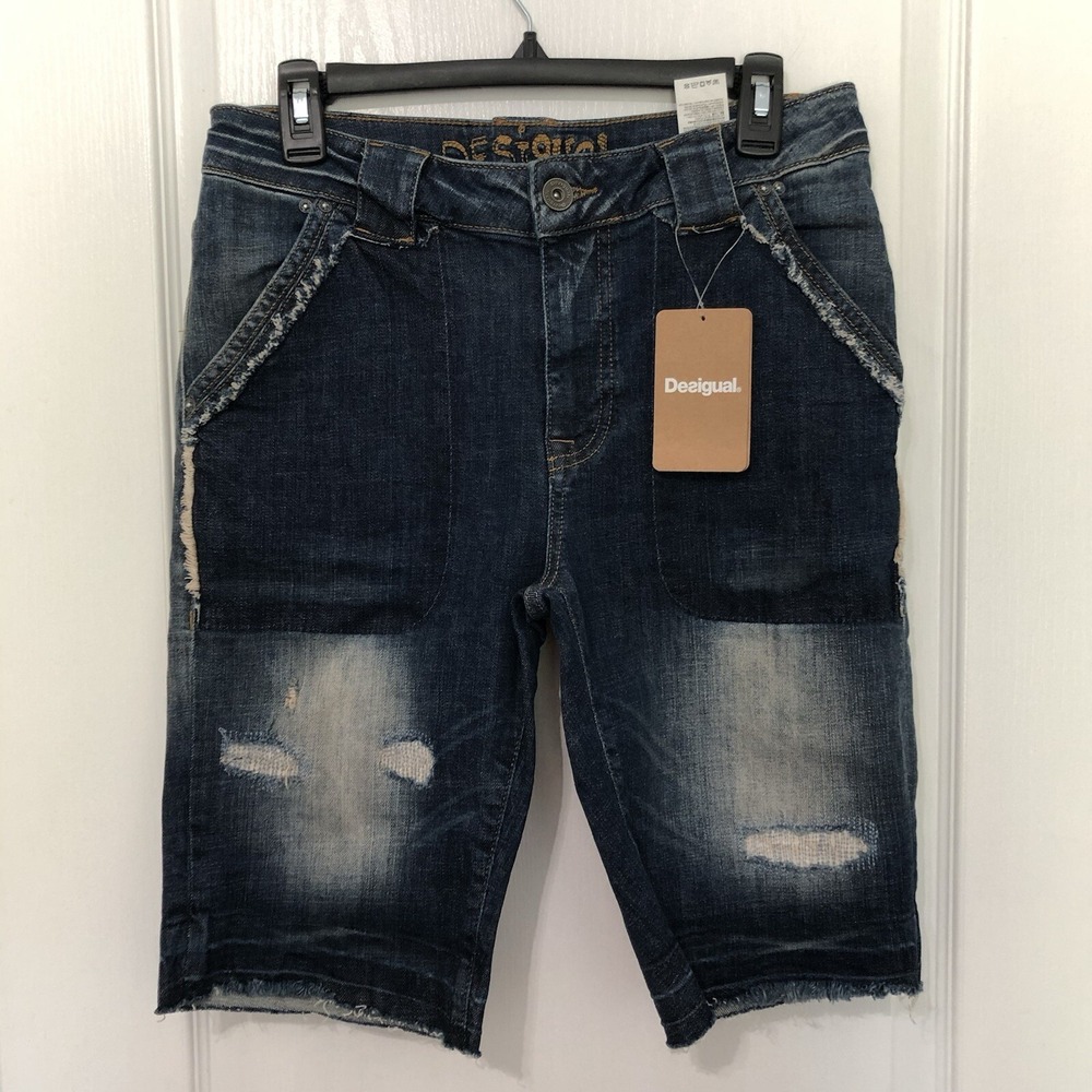Desigual Denim Julio Distressed Shorts‎ Dark Wash Blue 18SMDD07 Size 28 NWT
